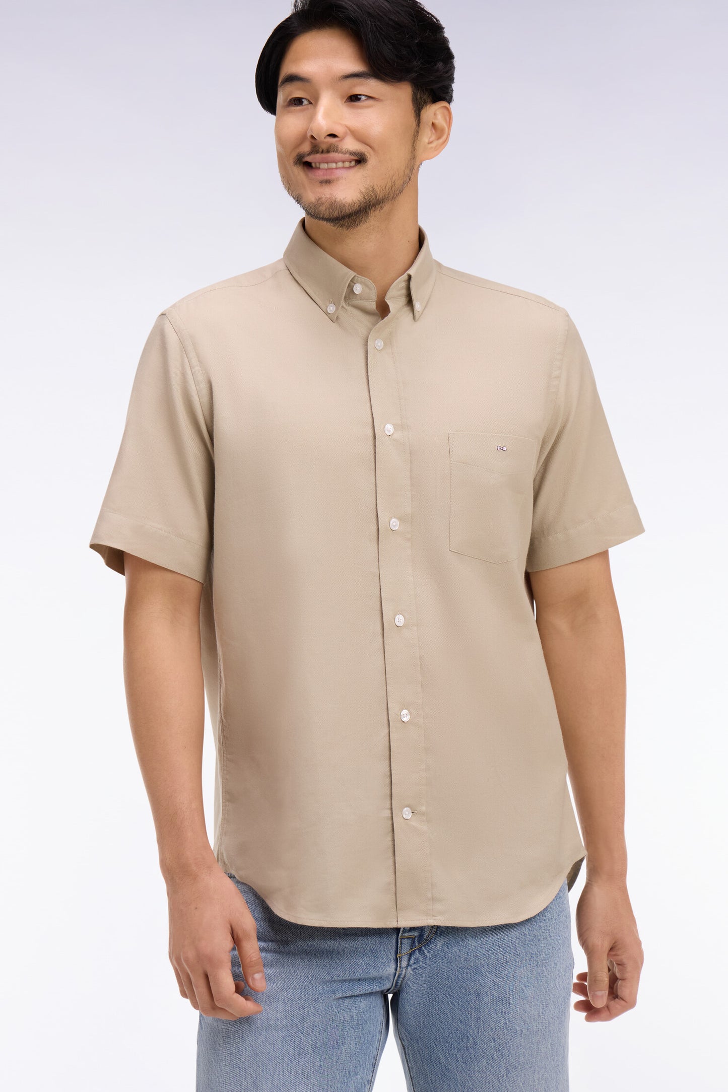 Chemise à manches courtes en piqué coton beige