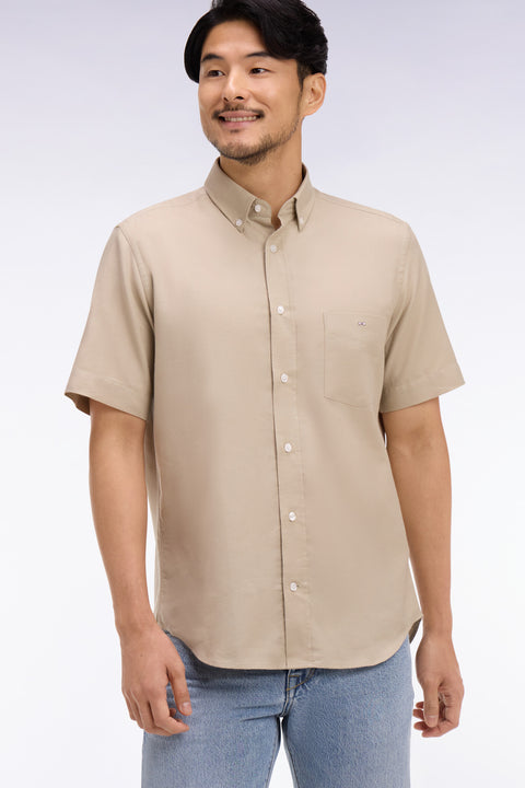 Short-sleeved shirt in beige cotton pique - Image 1