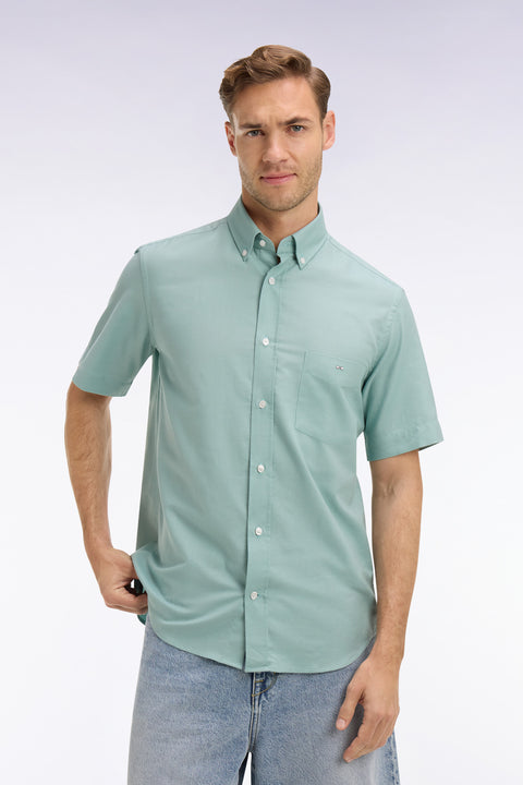 Short-sleeved shirt in sea green cotton pique - Image 3