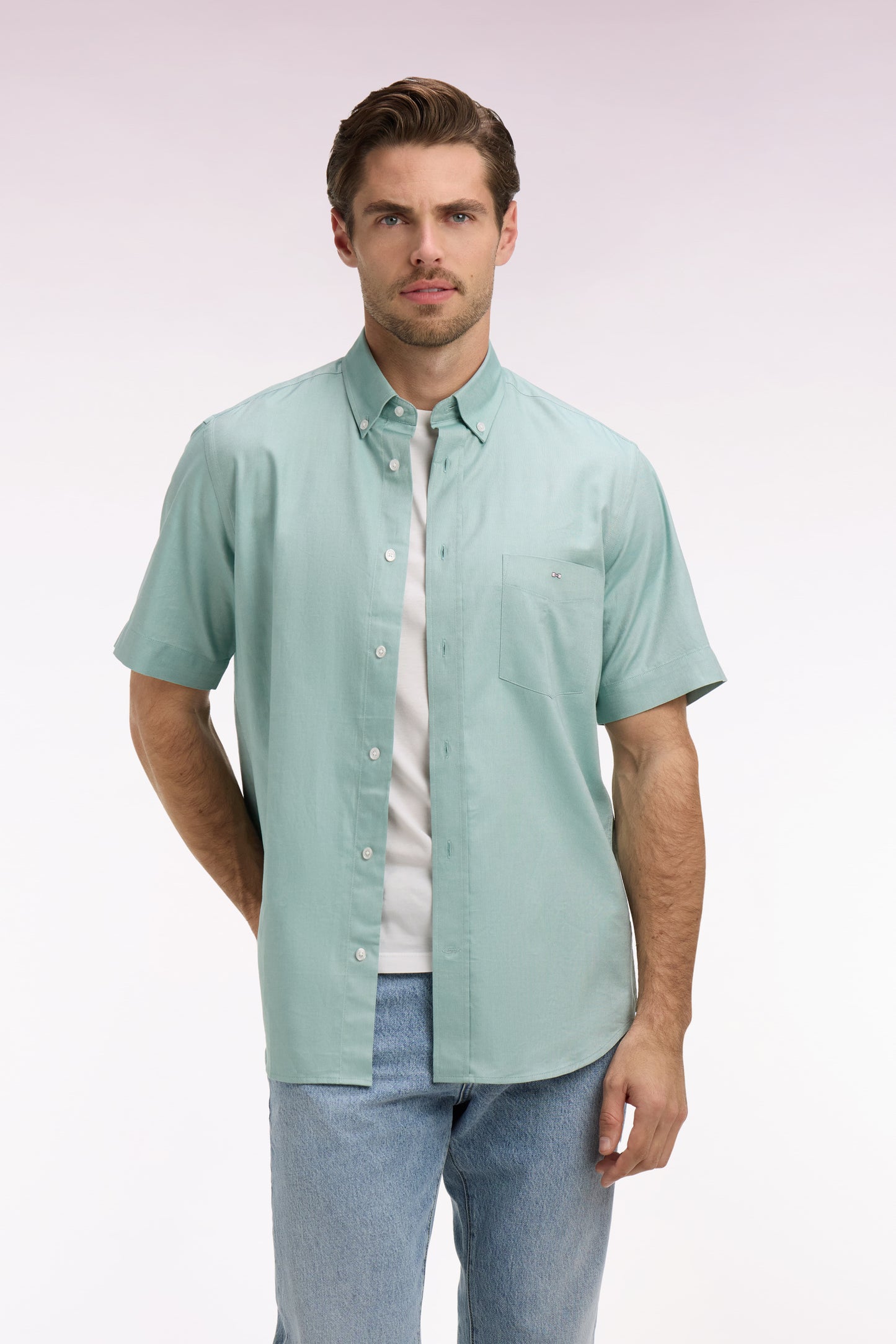 Chemise à manches courtes en coton fil teint vert d'eau