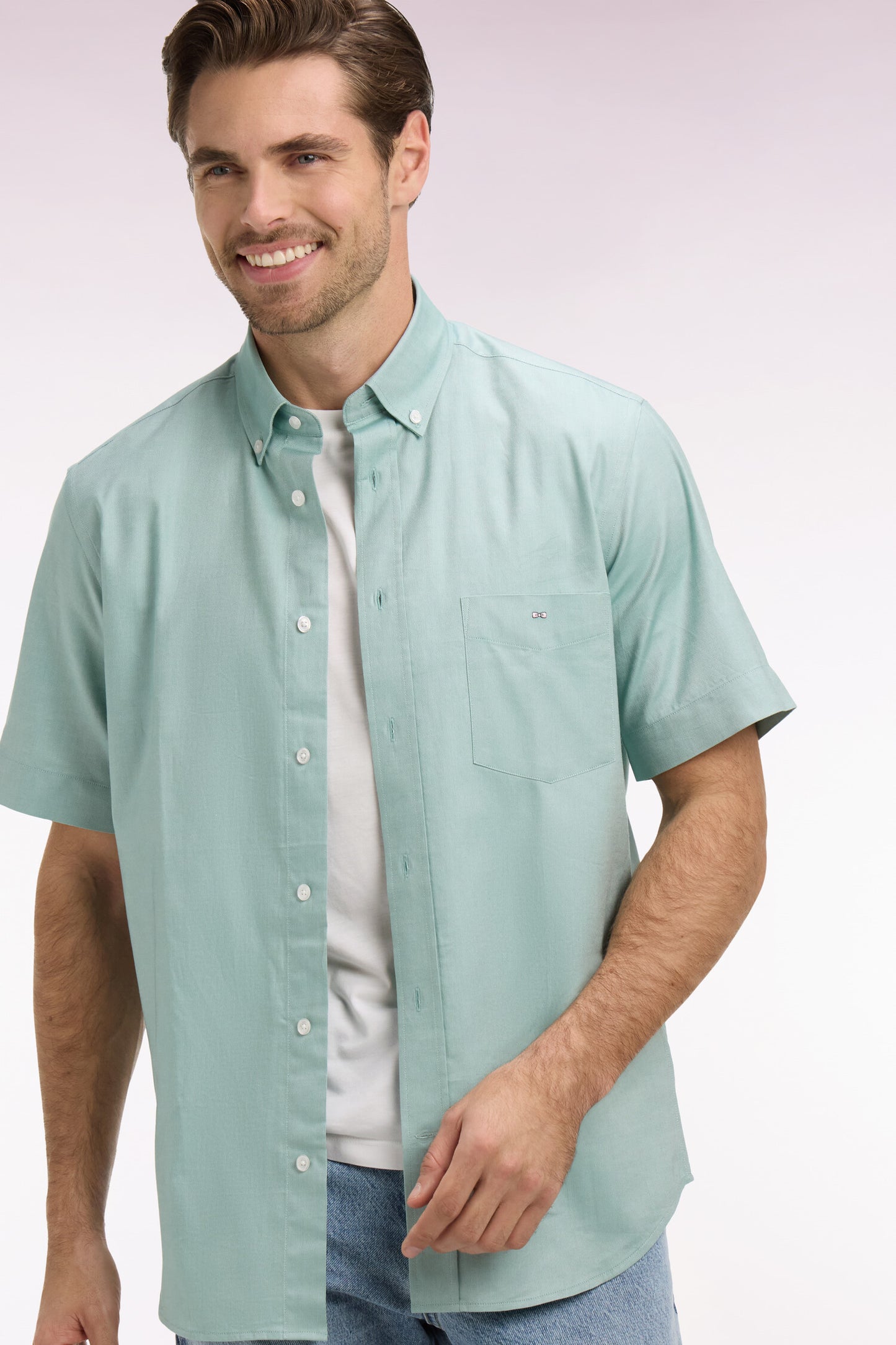 Chemise à manches courtes en coton fil teint vert d'eau