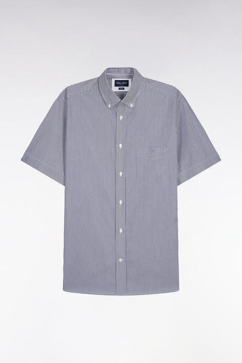 Short-sleeved cotton shirt with navy stick stripes - Image 2