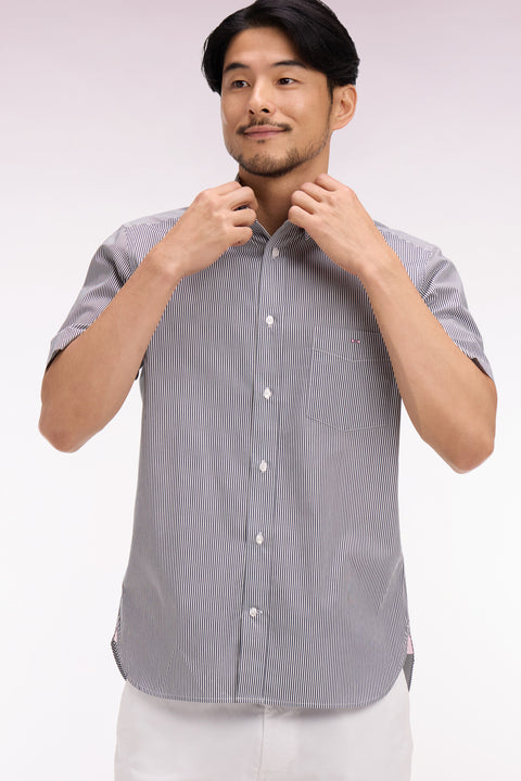 Short-sleeved cotton shirt with navy stick stripes - Image 3