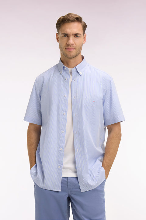 Short-sleeved cotton shirt with sky blue stick stripes - Image 3