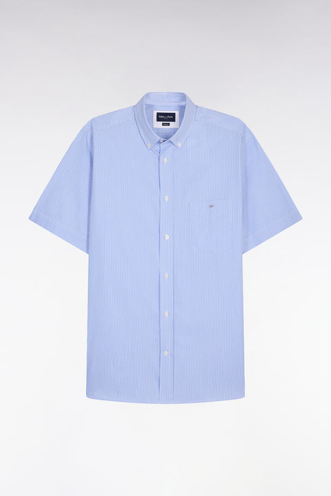 Short-sleeved cotton shirt with sky blue stick stripes - Image 2