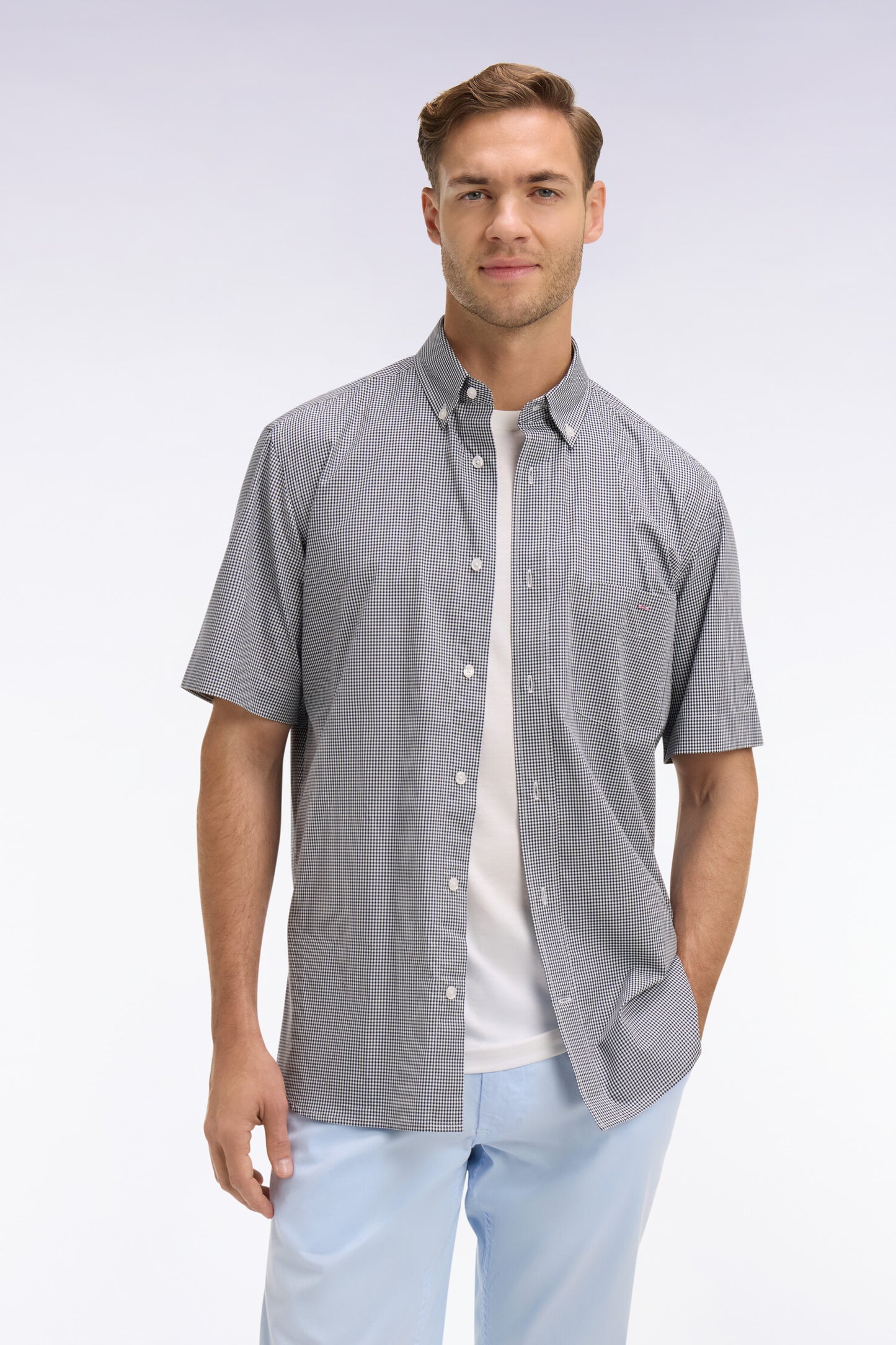 Chemise à manches courtes en coton à carreaux Vichy marine