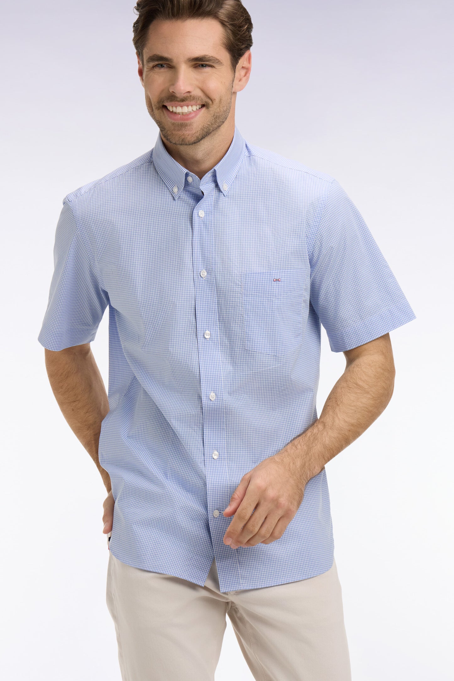 Chemise à manches courtes en coton à carreaux Vichy bleu ciel