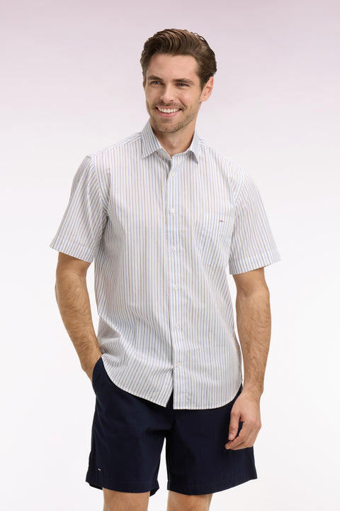 Short-sleeved shirt in sky blue striped cotton dobby - Image 3