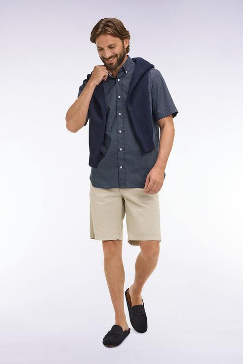 Short-sleeved navy cotton shirt with sky blue micro-patterns - Image 1
