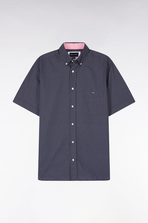 Short-sleeved navy cotton shirt with pink micro-patterns - Image 2