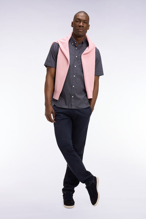 Short-sleeved navy cotton shirt with pink micro-patterns - Image 1