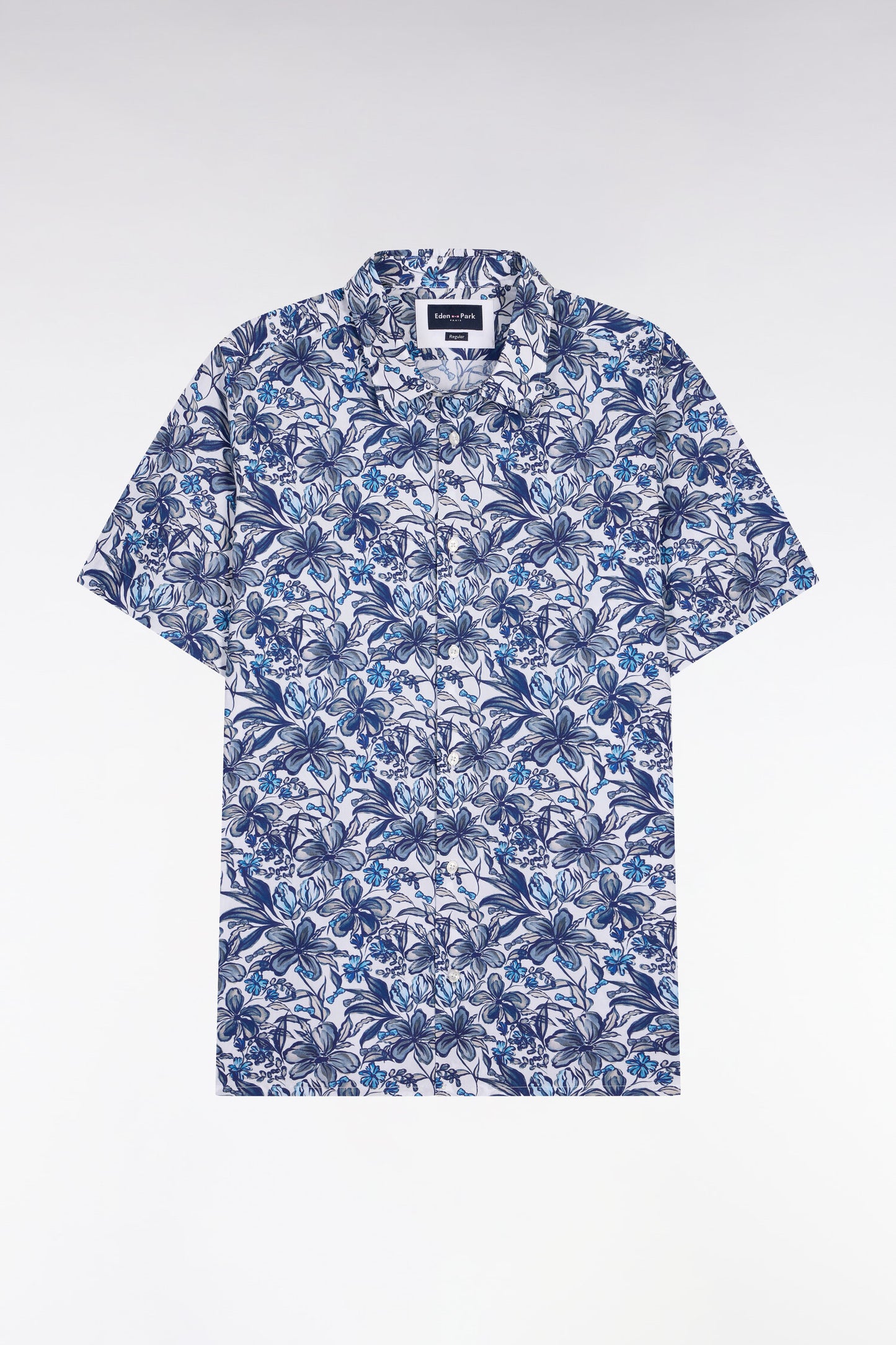 Short-sleeved shirt in navy cotton poplin with floral pattern