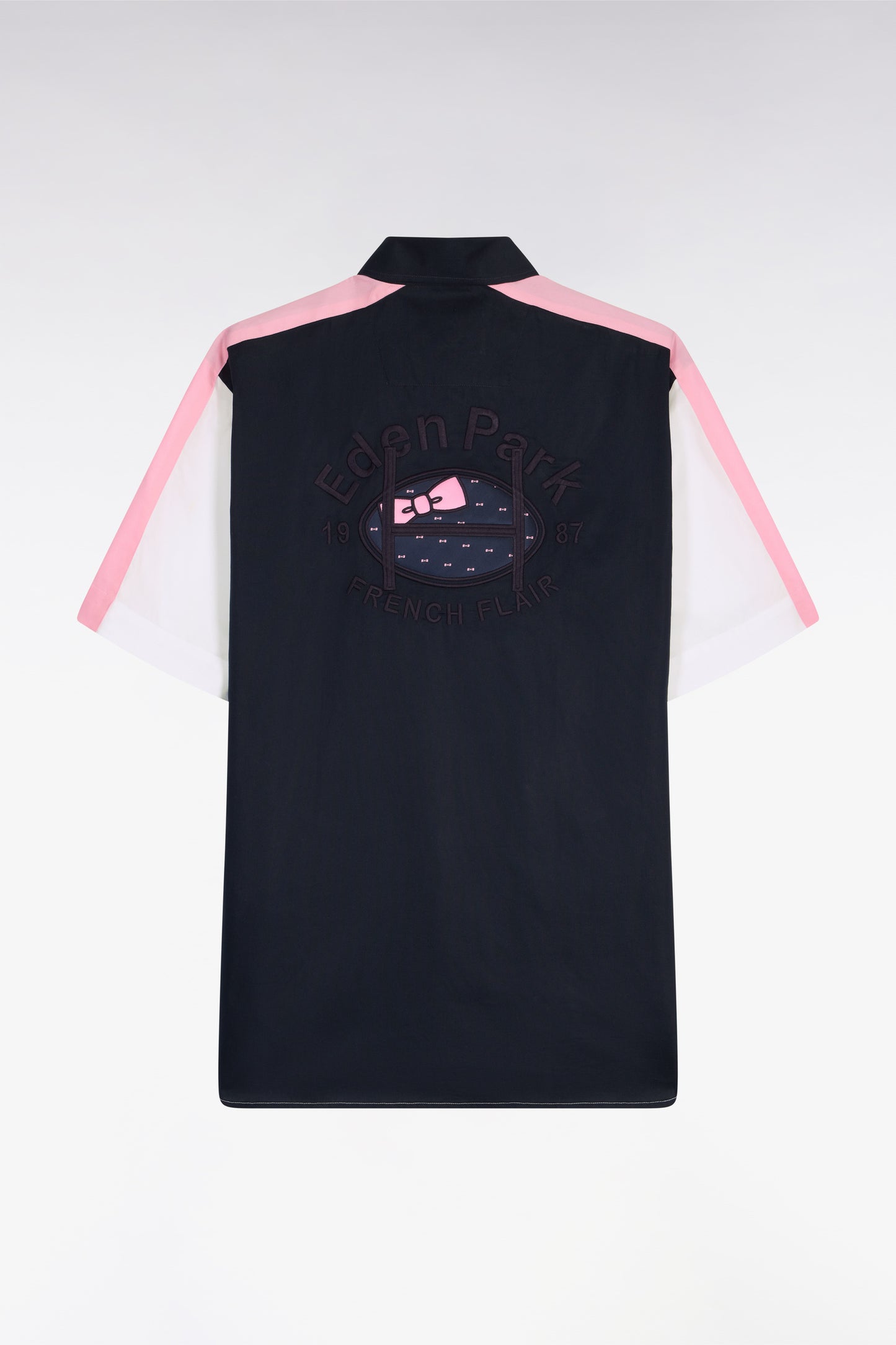 Chemise à manches courtes en coton blanc et marine broderie dos