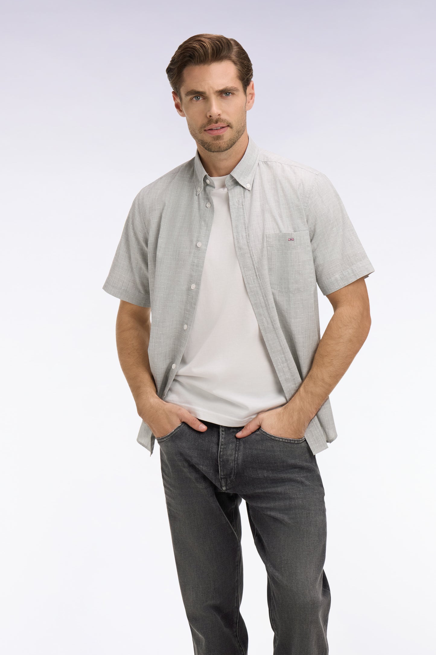 Chemise à manches courtes en coton jacquard rayé kaki