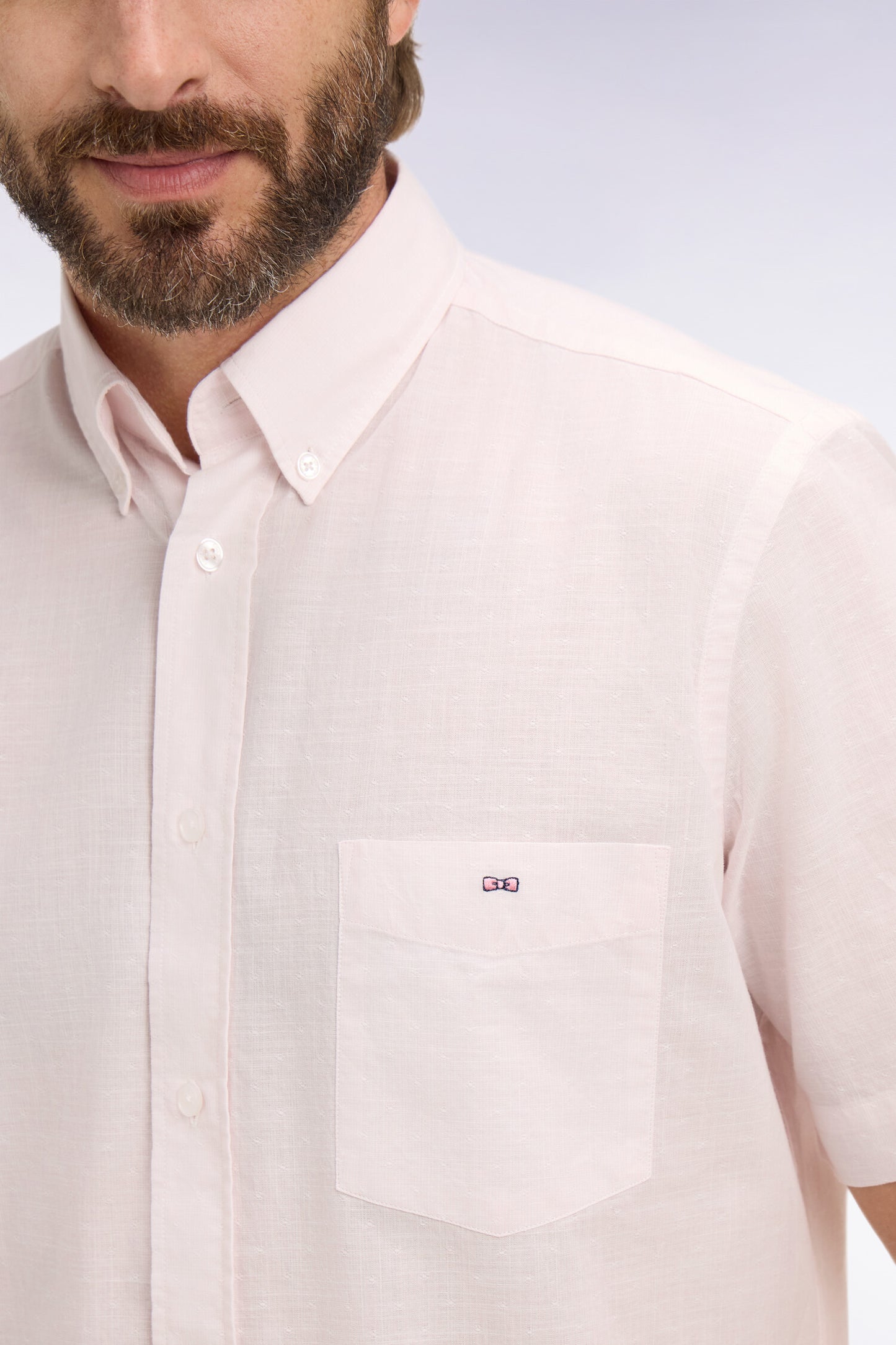 Chemise à manches courtes en coton jacquard rayé rose