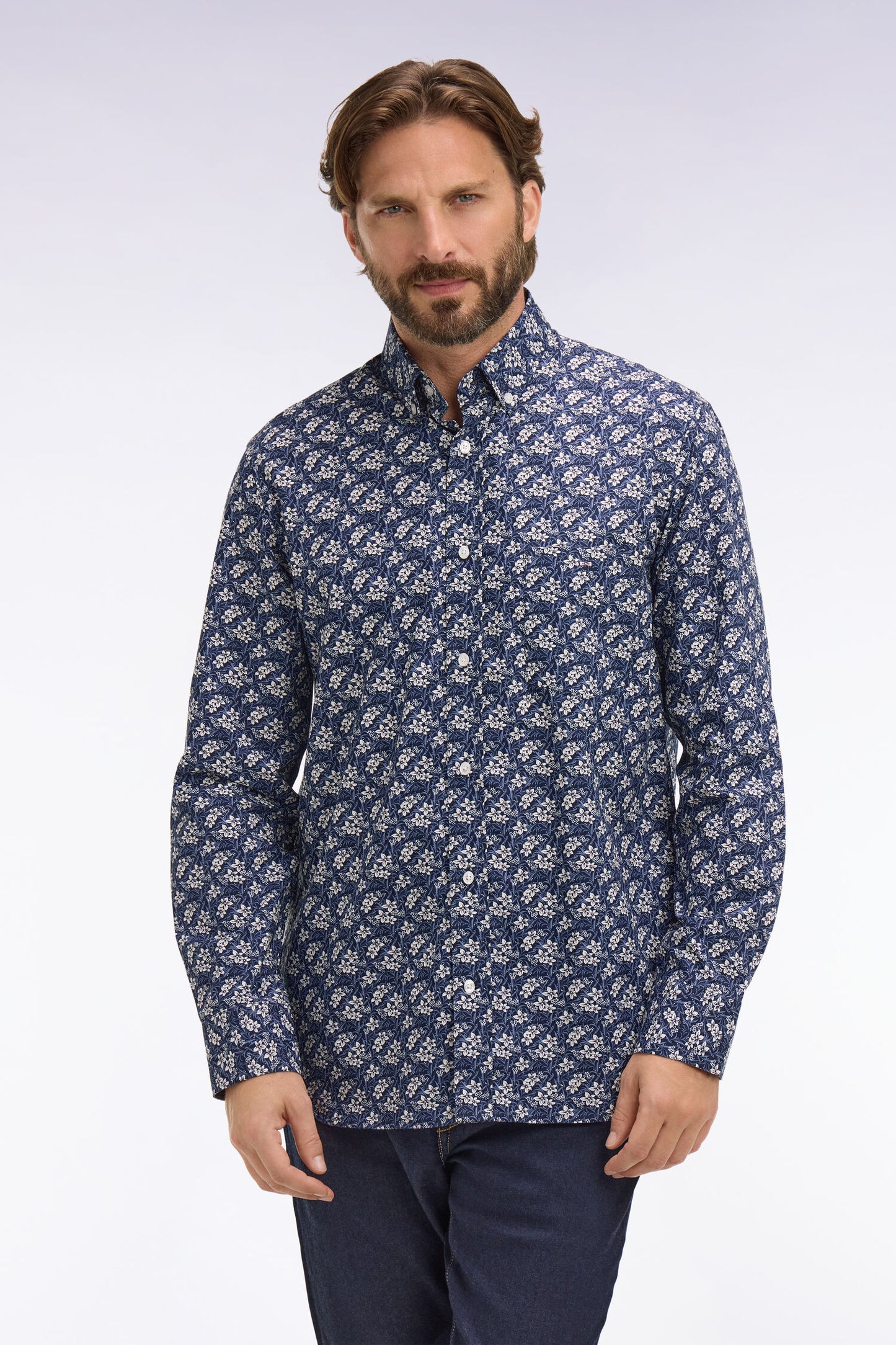 Regular fit blue cotton poplin shirt with floral pattern