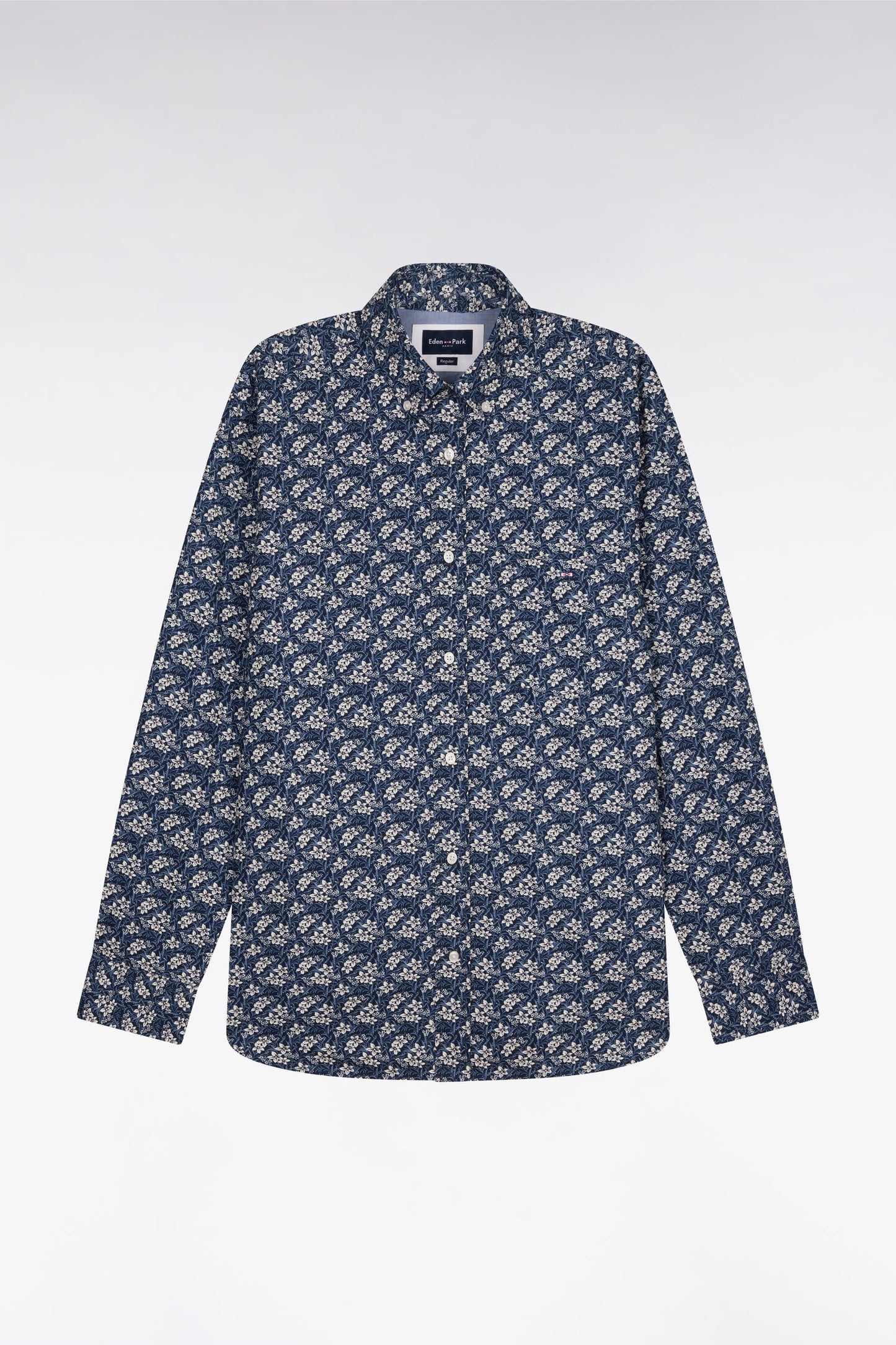 Regular fit blue cotton poplin shirt with floral pattern