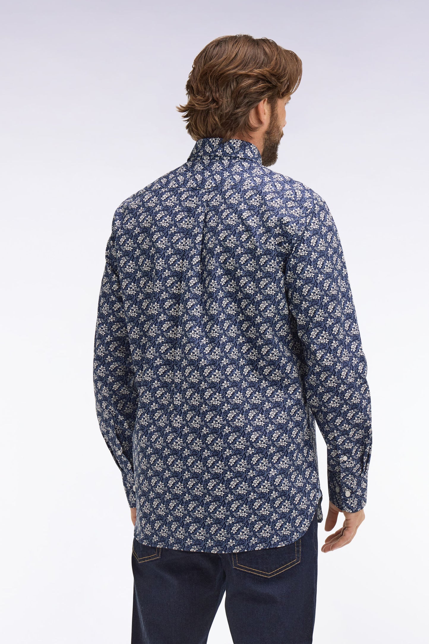 Regular fit blue cotton poplin shirt with floral pattern