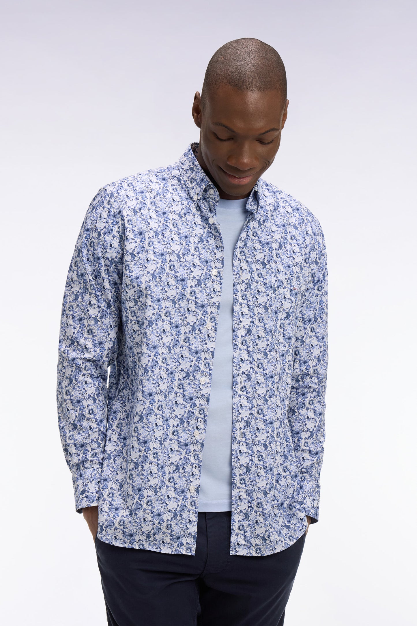 Blue cotton poplin shirt with floral pattern