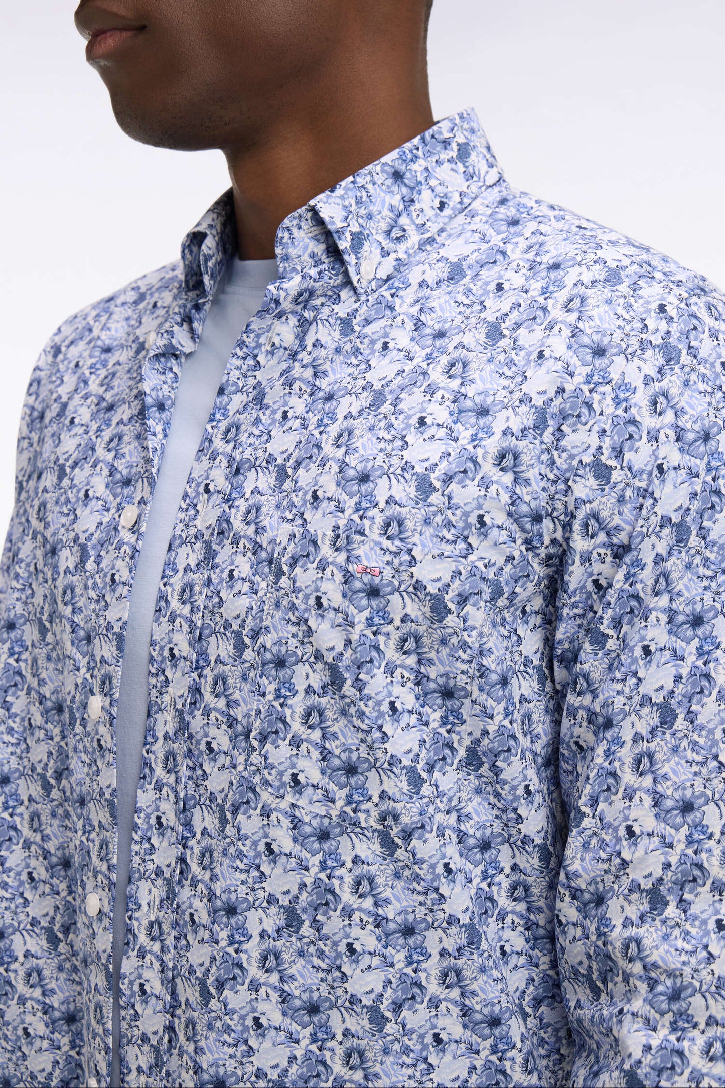 Blue cotton poplin shirt with floral pattern