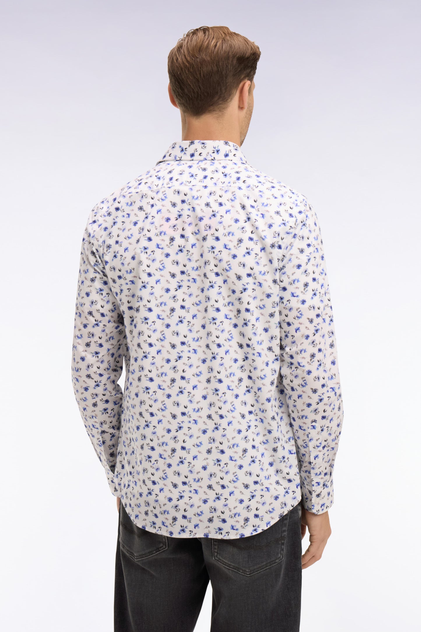 Chemise en popeline de coton imprimé floral bleu coupe slim