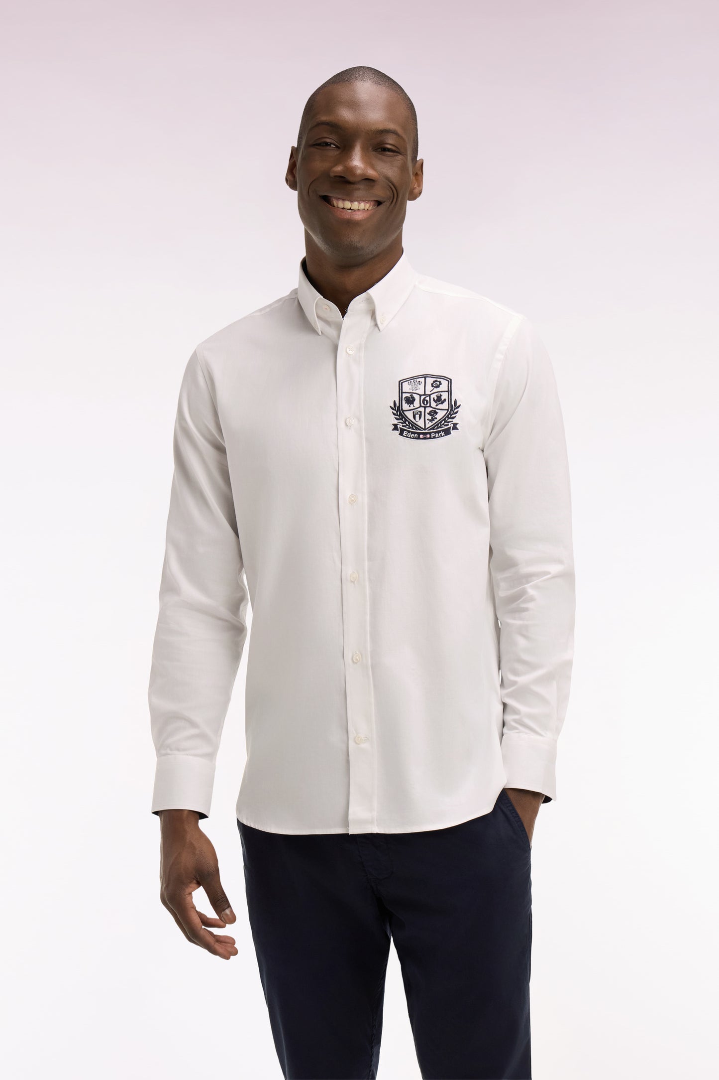White pinpoint cotton shirt with 6 Nations coat of arms embroidery