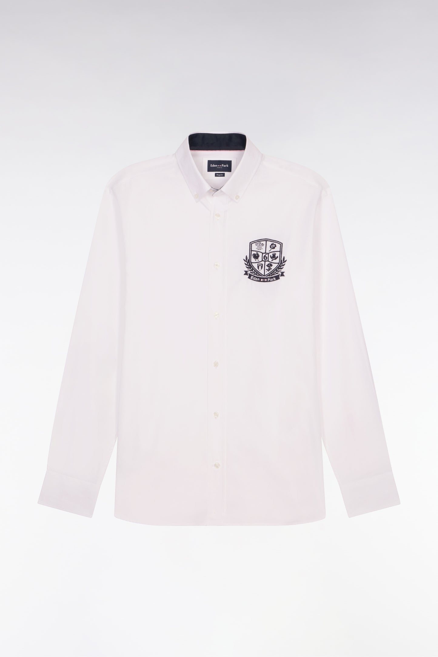 White pinpoint cotton shirt with 6 Nations coat of arms embroidery