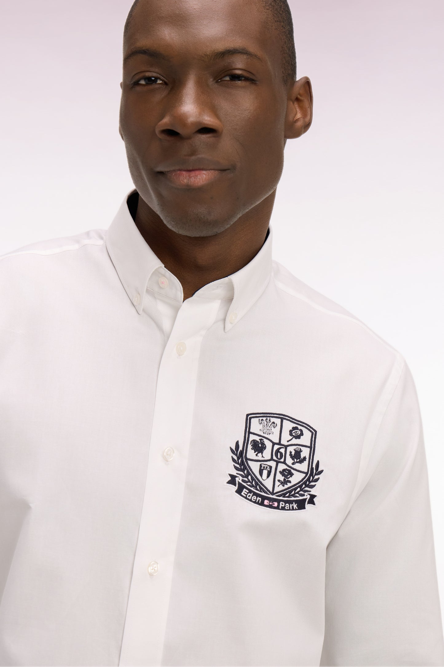 White pinpoint cotton shirt with 6 Nations coat of arms embroidery