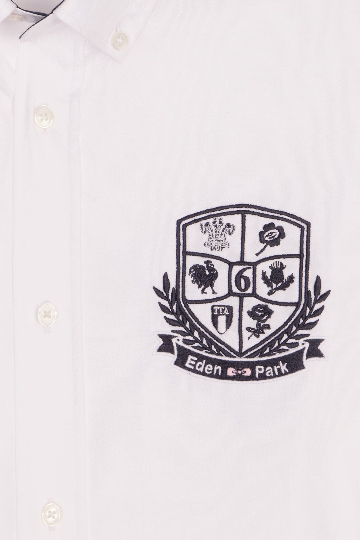 White pinpoint cotton shirt with 6 Nations coat of arms embroidery
