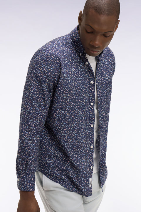 Chemise en popeline de coton marine à microimprimé floral coupe regular - Image 3