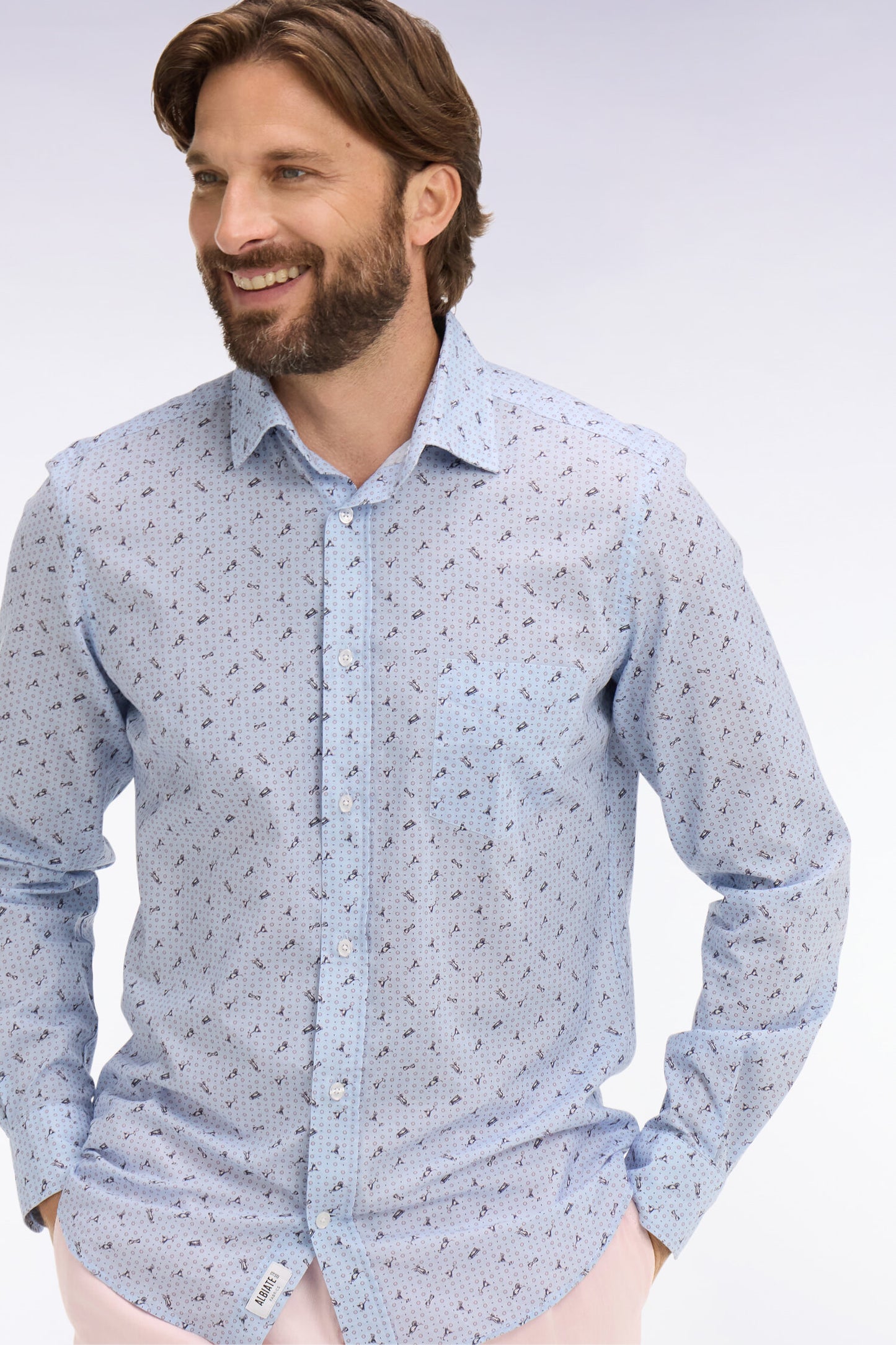 Chemise en popeline de coton bleu ciel à micromotifs coupe slim