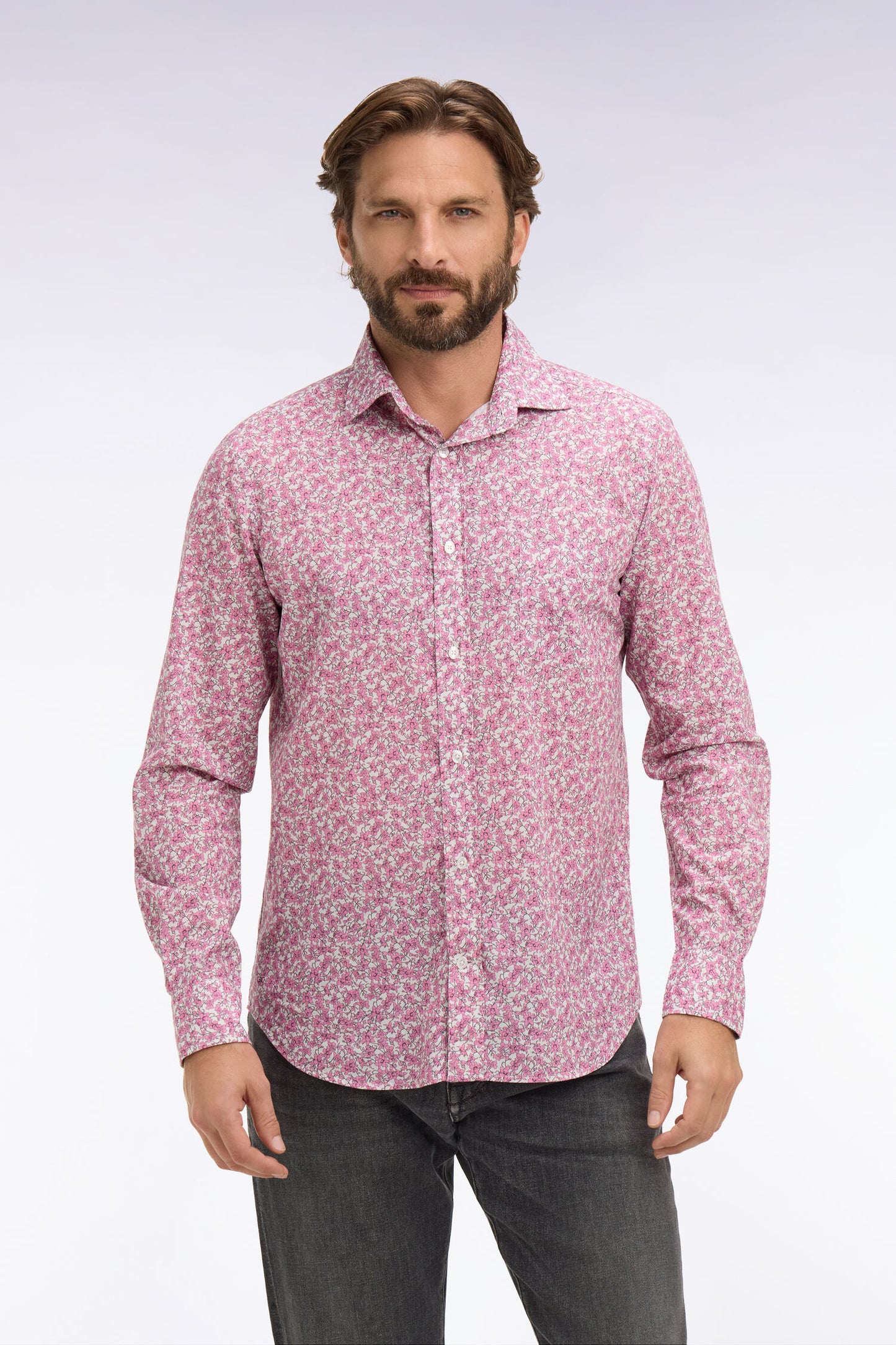 Slim-fit pink cotton poplin shirt with floral micro-patterns