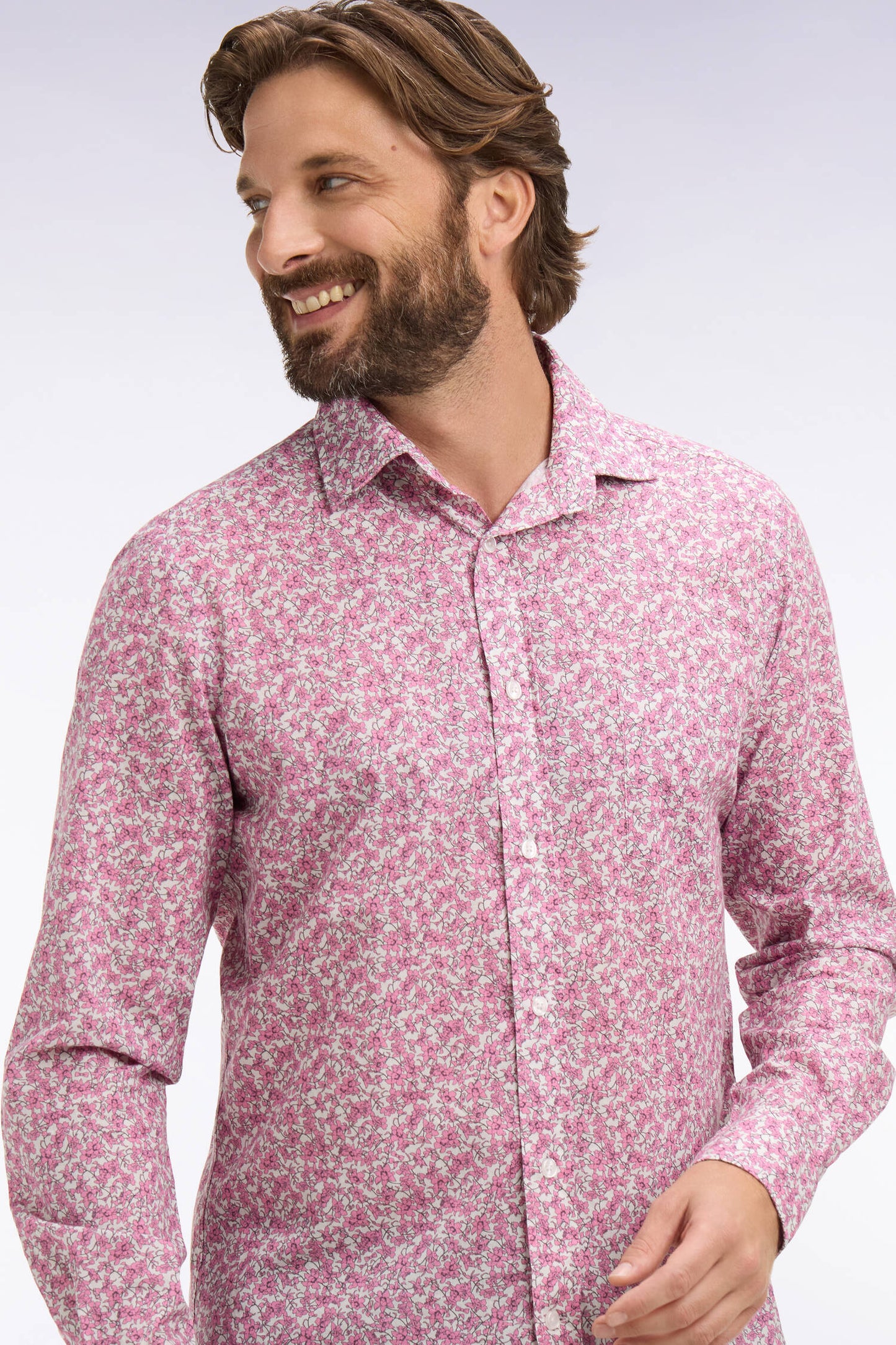 Slim-fit pink cotton poplin shirt with floral micro-patterns