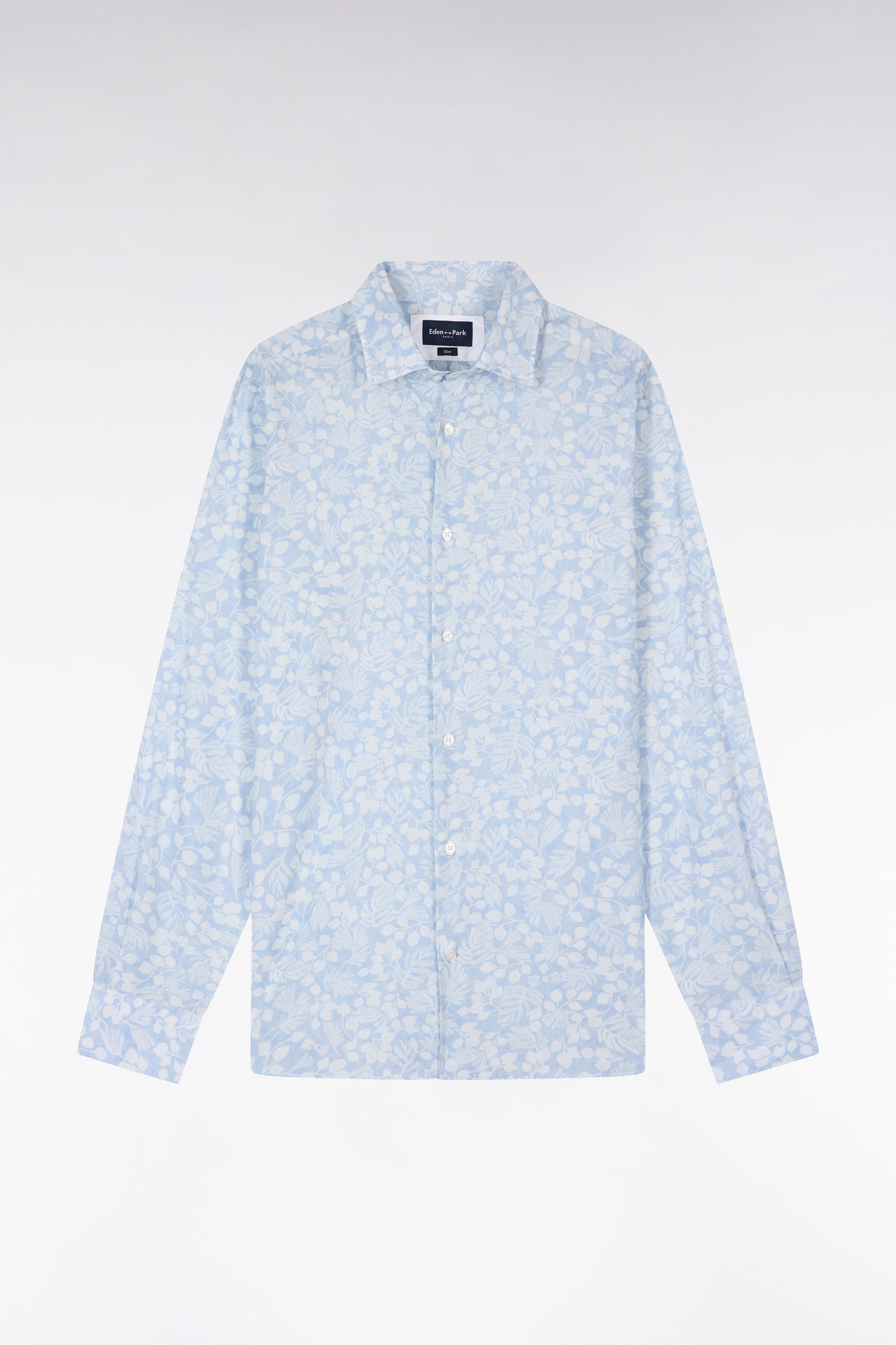 Chemise en popeline de coton bleu ciel à micromotifs végétal coupe slim