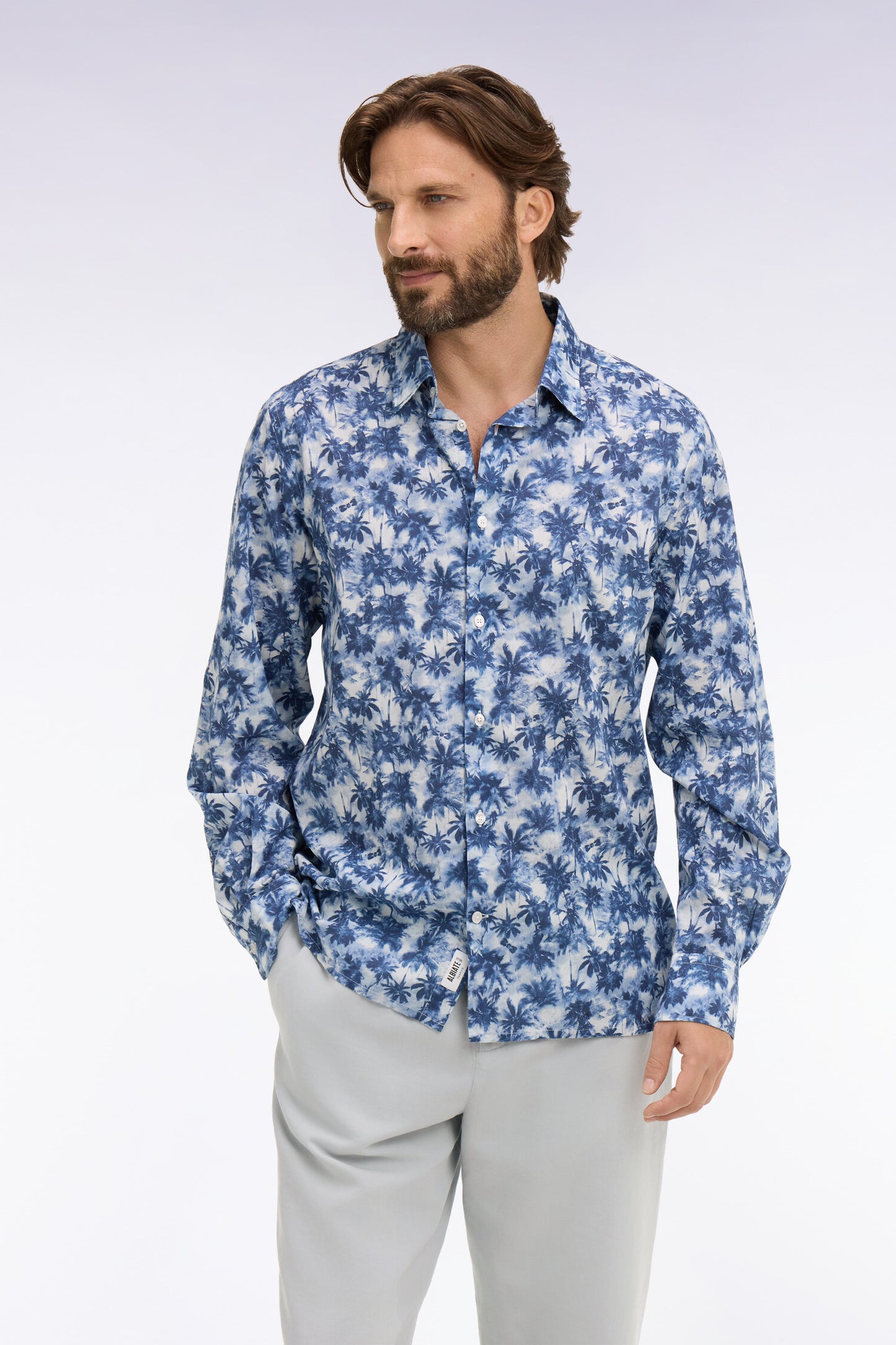 Regular fit blue palm tree print cotton poplin shirt