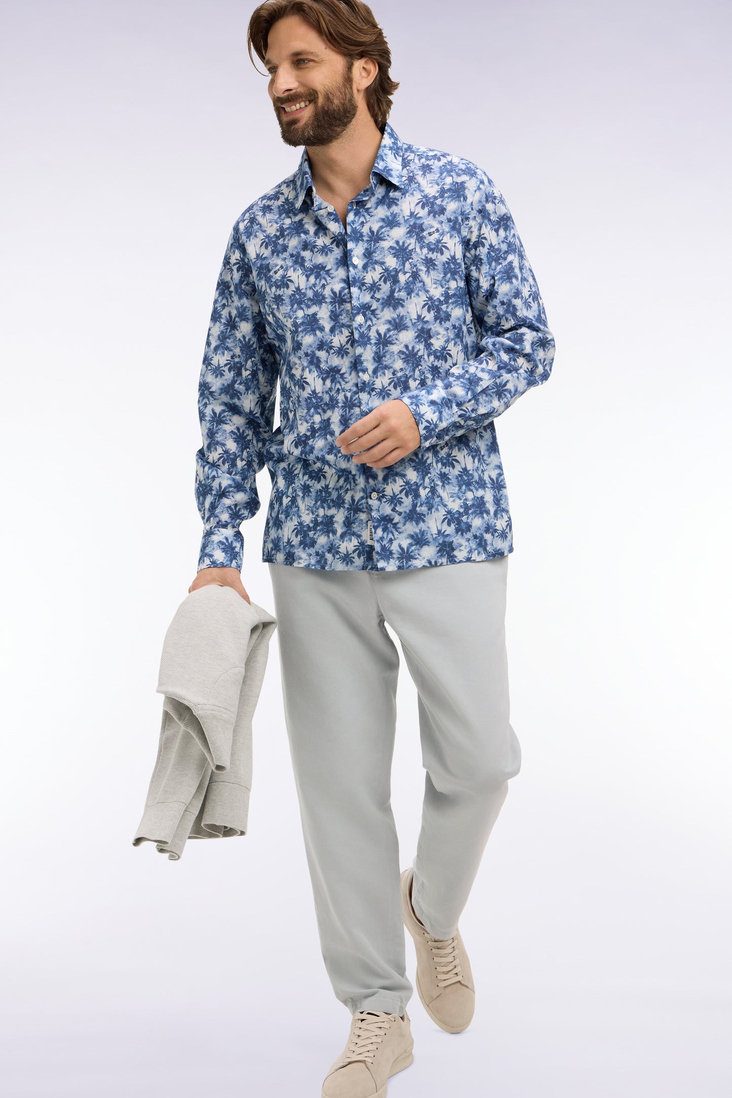 Regular fit blue palm tree print cotton poplin shirt