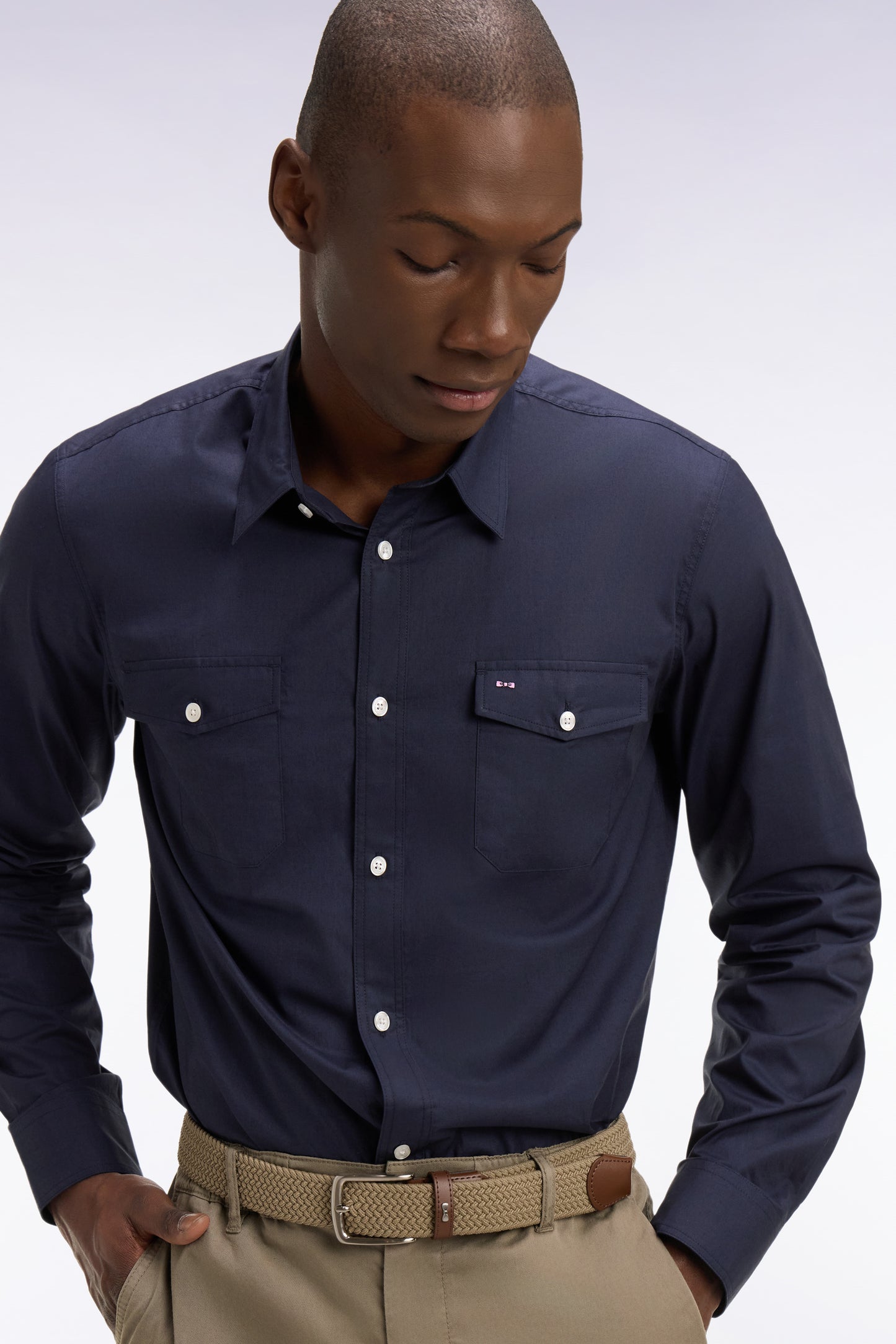 Chemise en popeline de coton Pima marine coupe regular