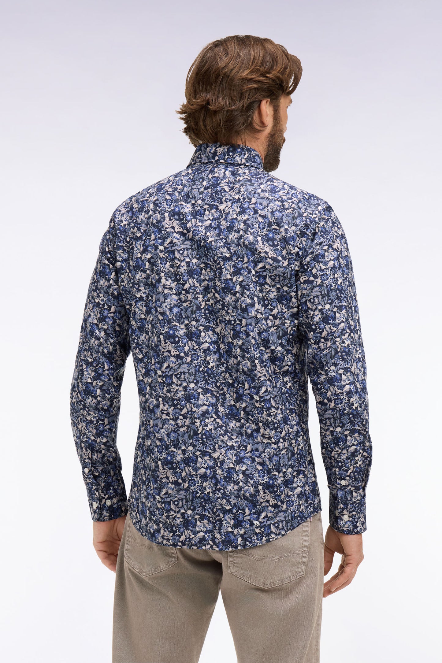 Slim fit navy cotton poplin shirt with floral microprint