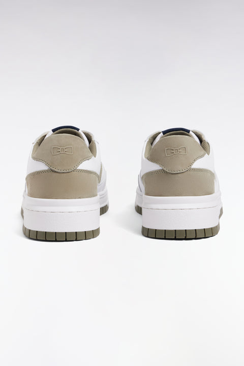 Sneakers bicolores en cuir lisse blanc et cuir suédé kaki - Image 2