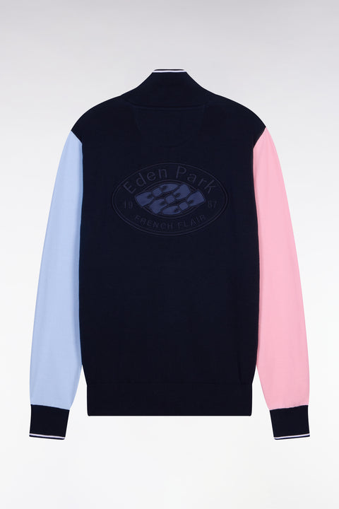 Cardigan col camionneur en coton marine à manches contrastées - Image 2