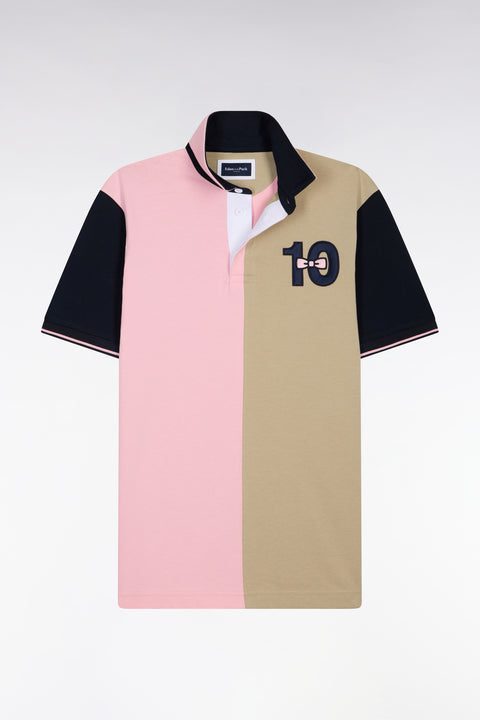 Maillot à manches courtes en coton bicolore rose et beige broderie 10 coupe Regular - Image 2