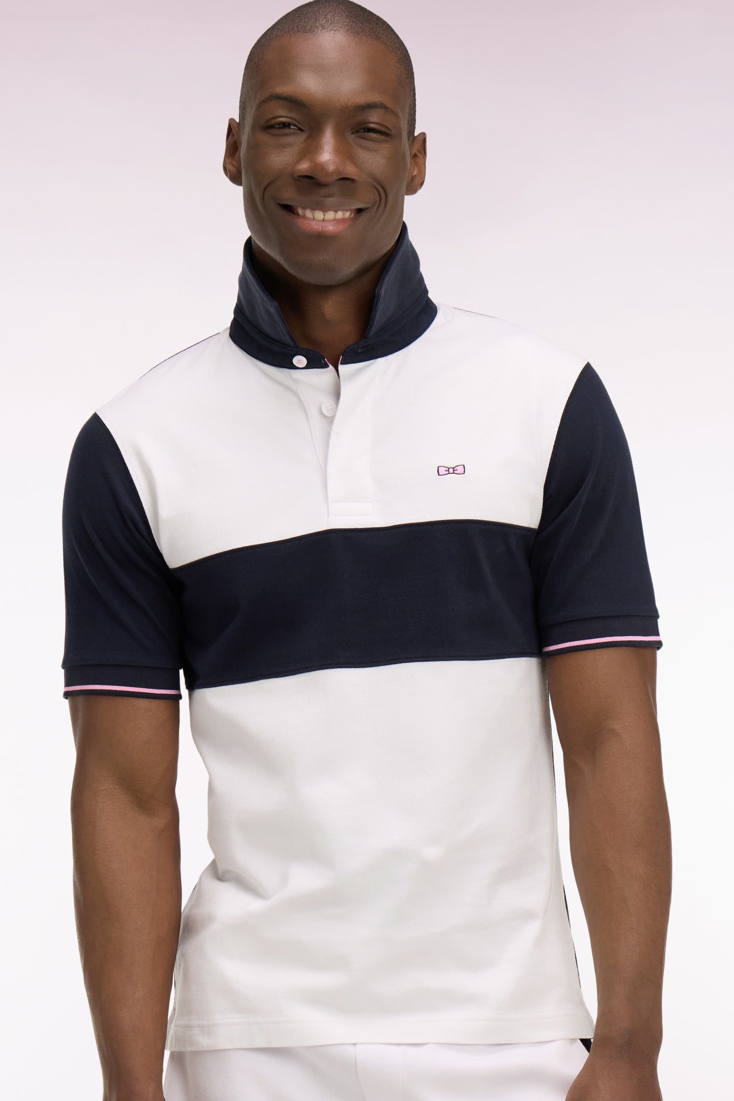 Maillot à manches courtes en coton blanc et marine coupe regular