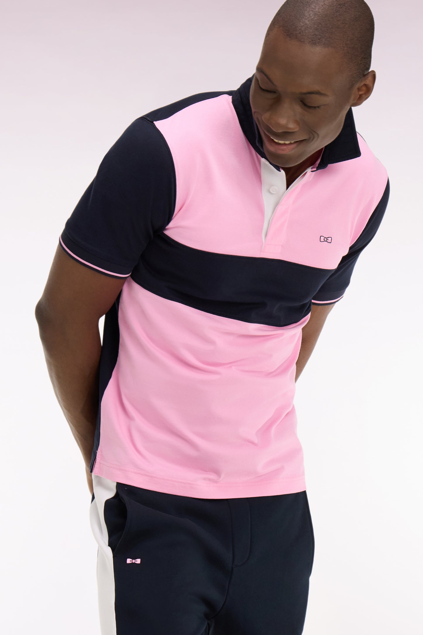 Maillot à manches courtes en coton rose et marine coupe regular