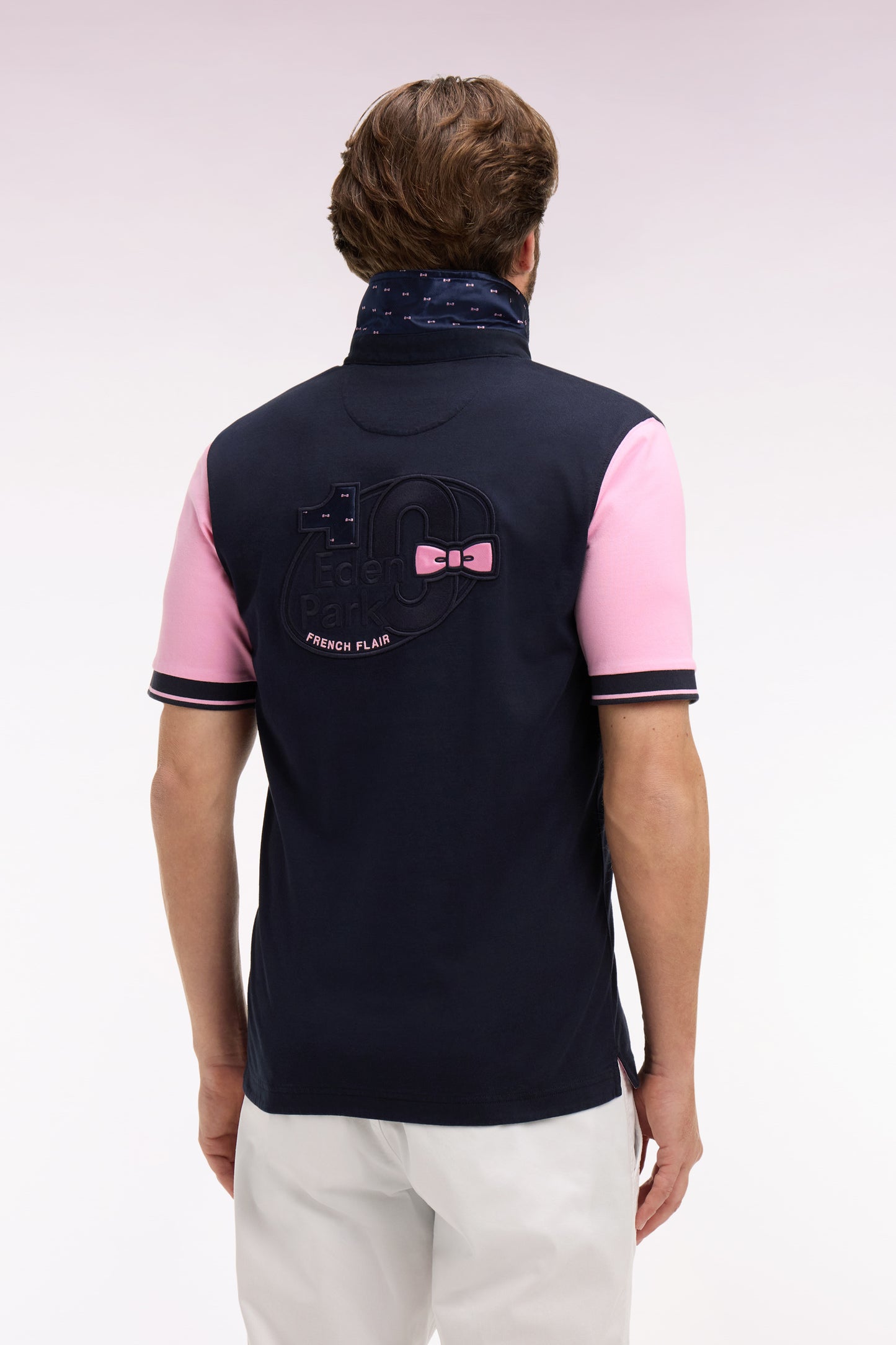 Maillot à manches courtes en coton rose et marine coupe regular broderie dos