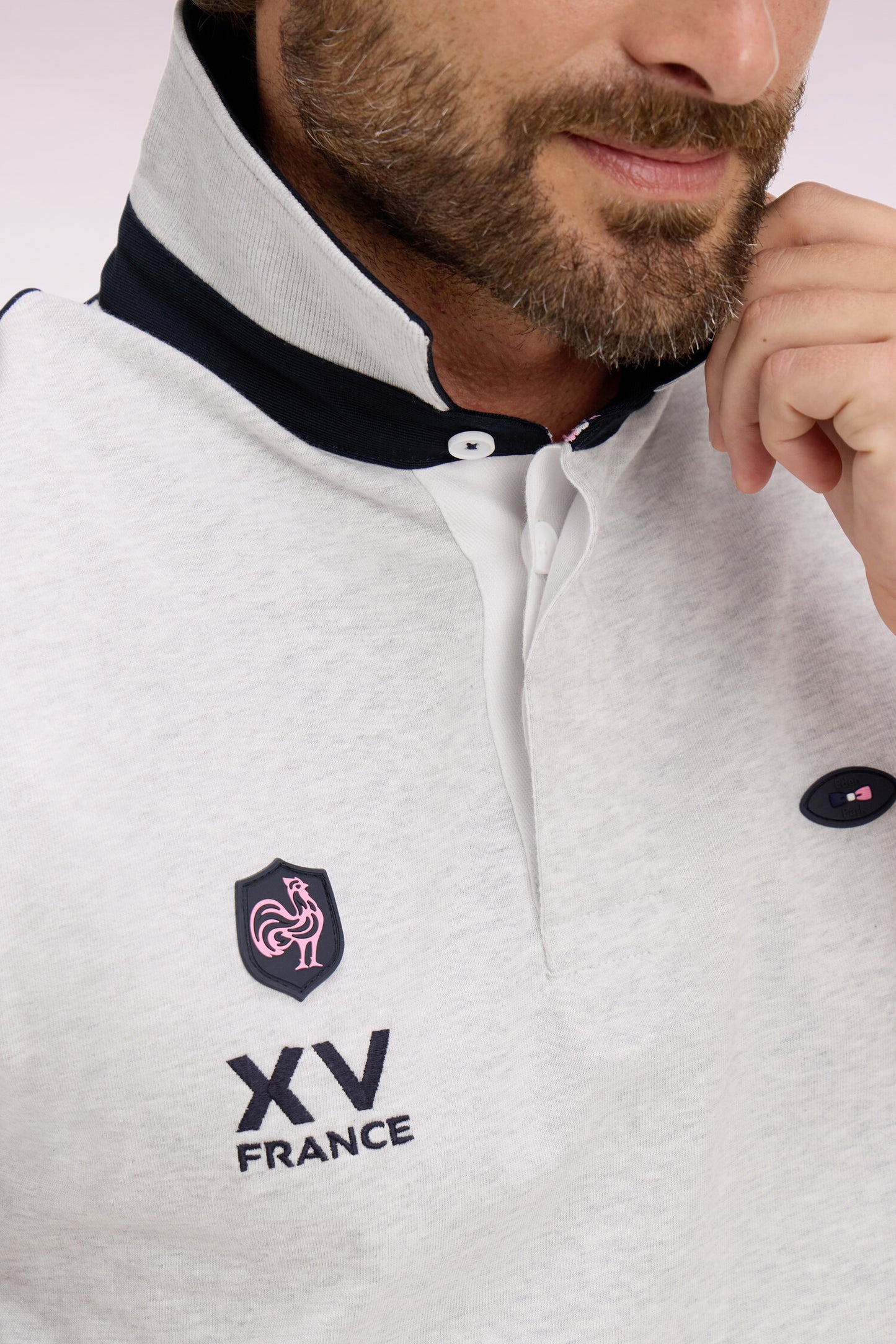 Maillot à manches courtes XV de France en coton gris et marine brodé coupe regular