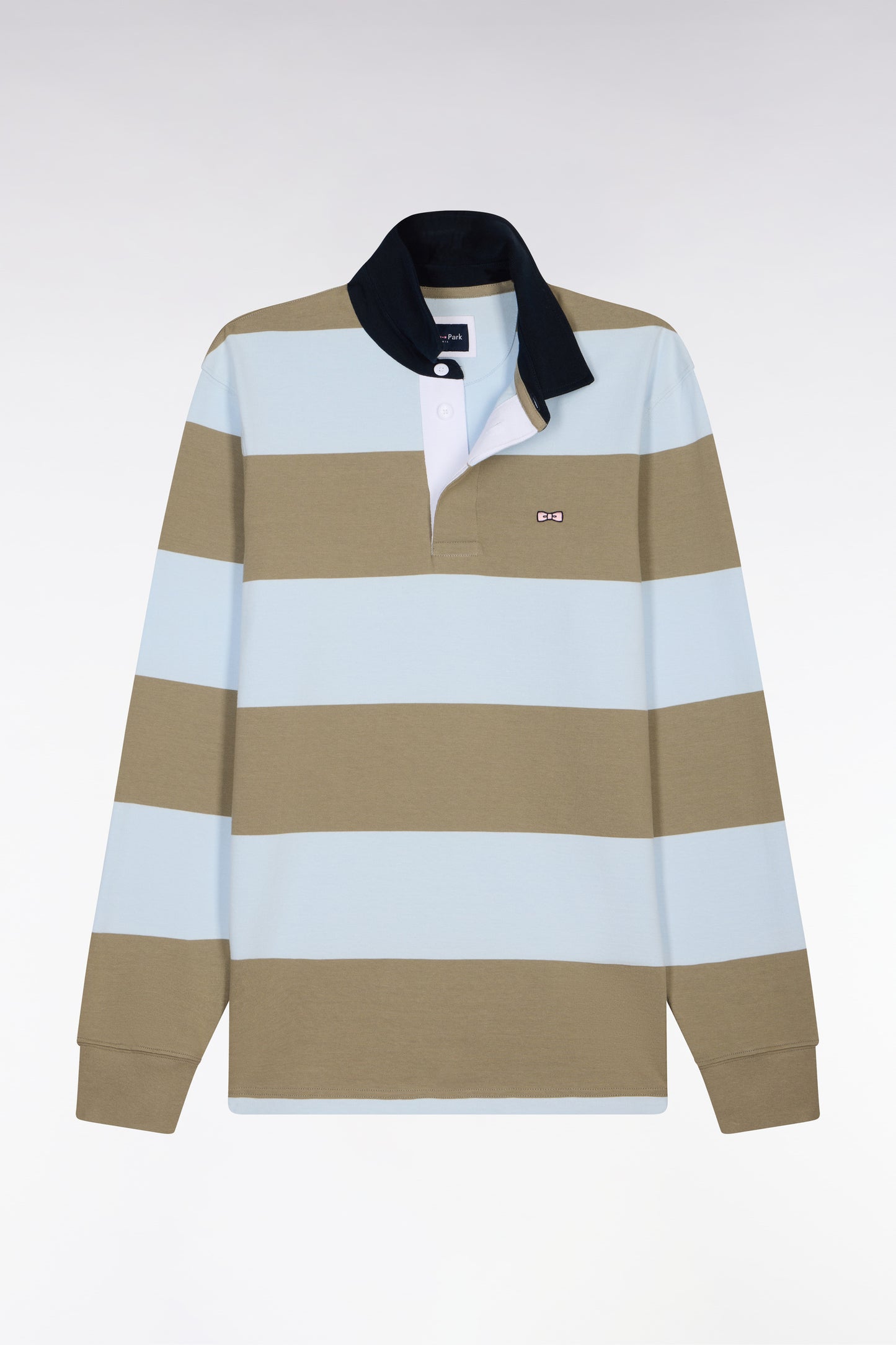 Long-sleeved cotton jersey with sky and khaki rugby stripes
