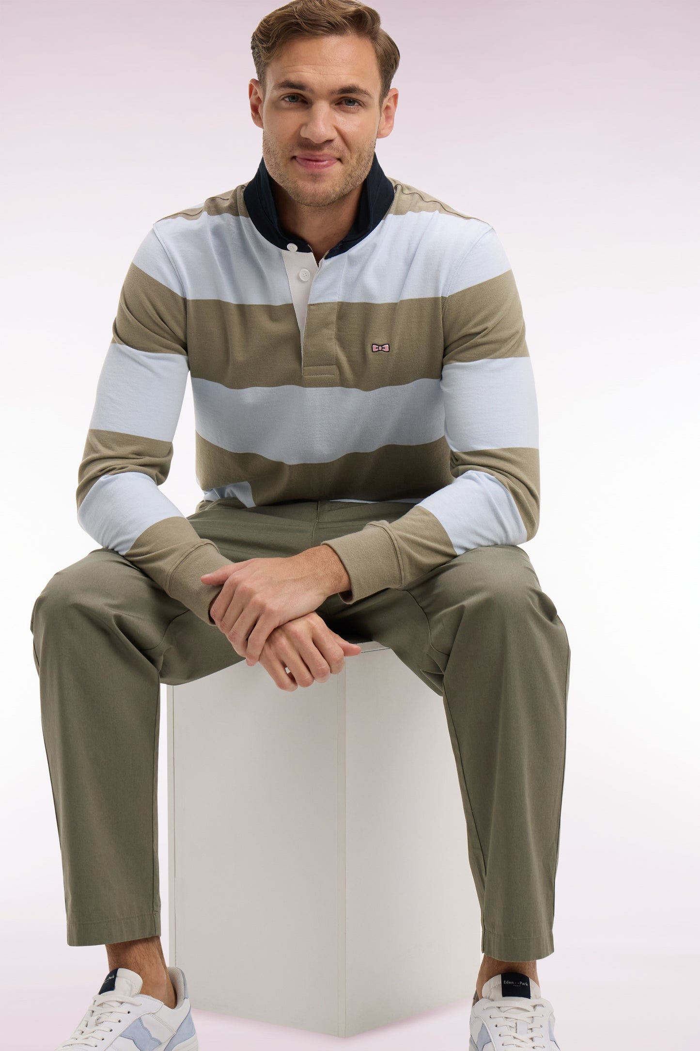Long-sleeved cotton jersey with sky and khaki rugby stripes