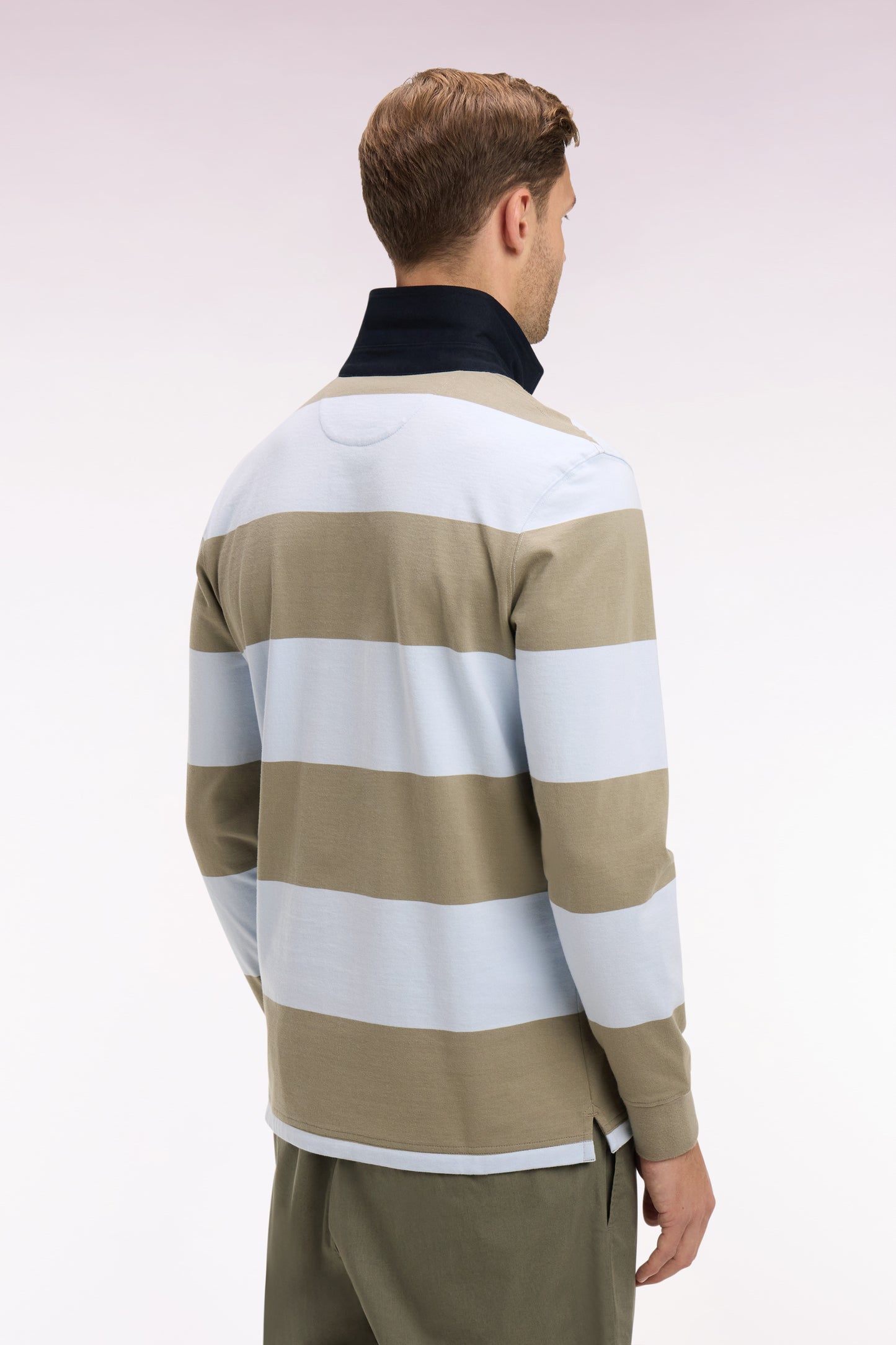 Long-sleeved cotton jersey with sky and khaki rugby stripes