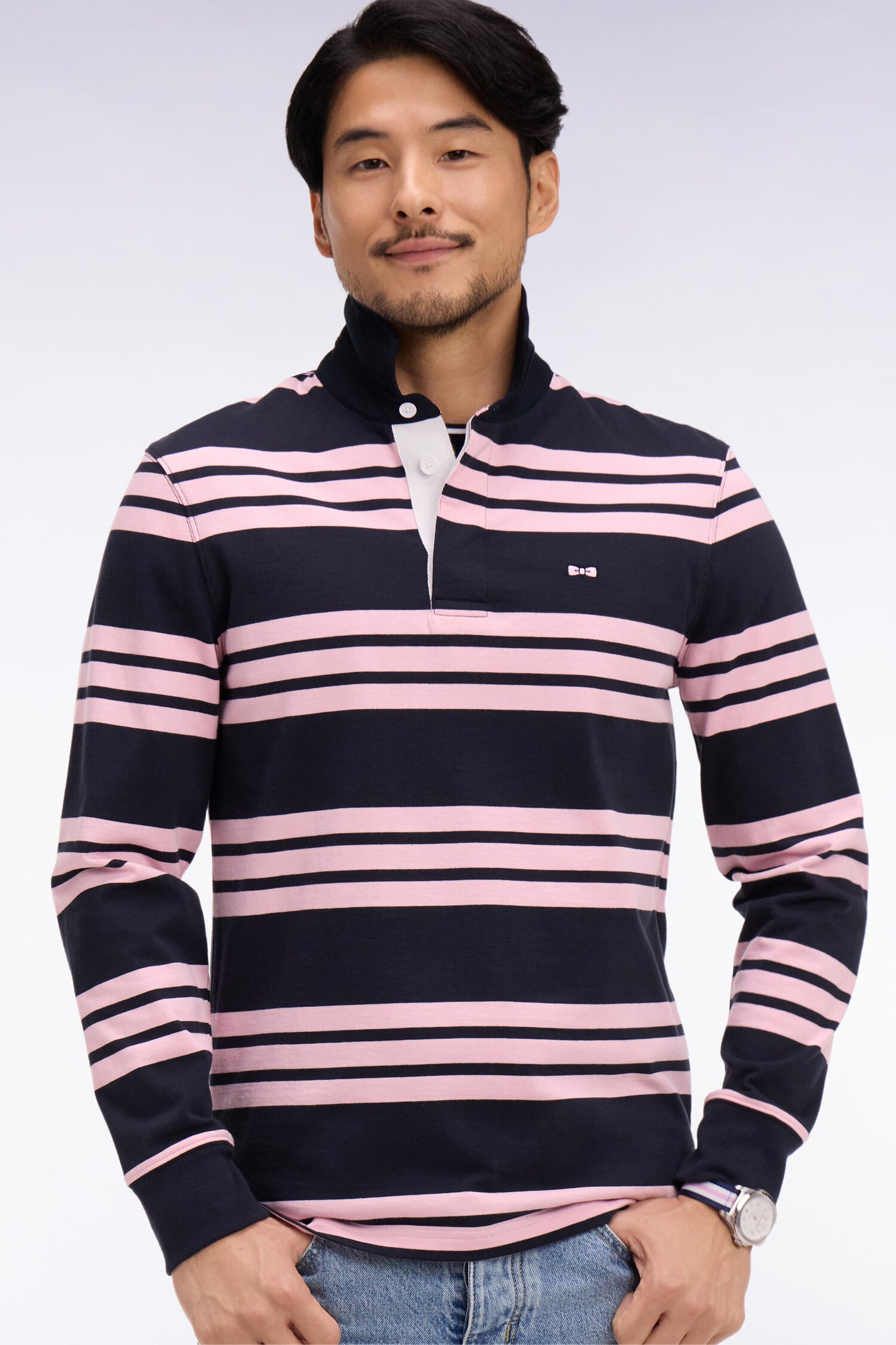 Maillot à manches longues en coton rayé marine et rose