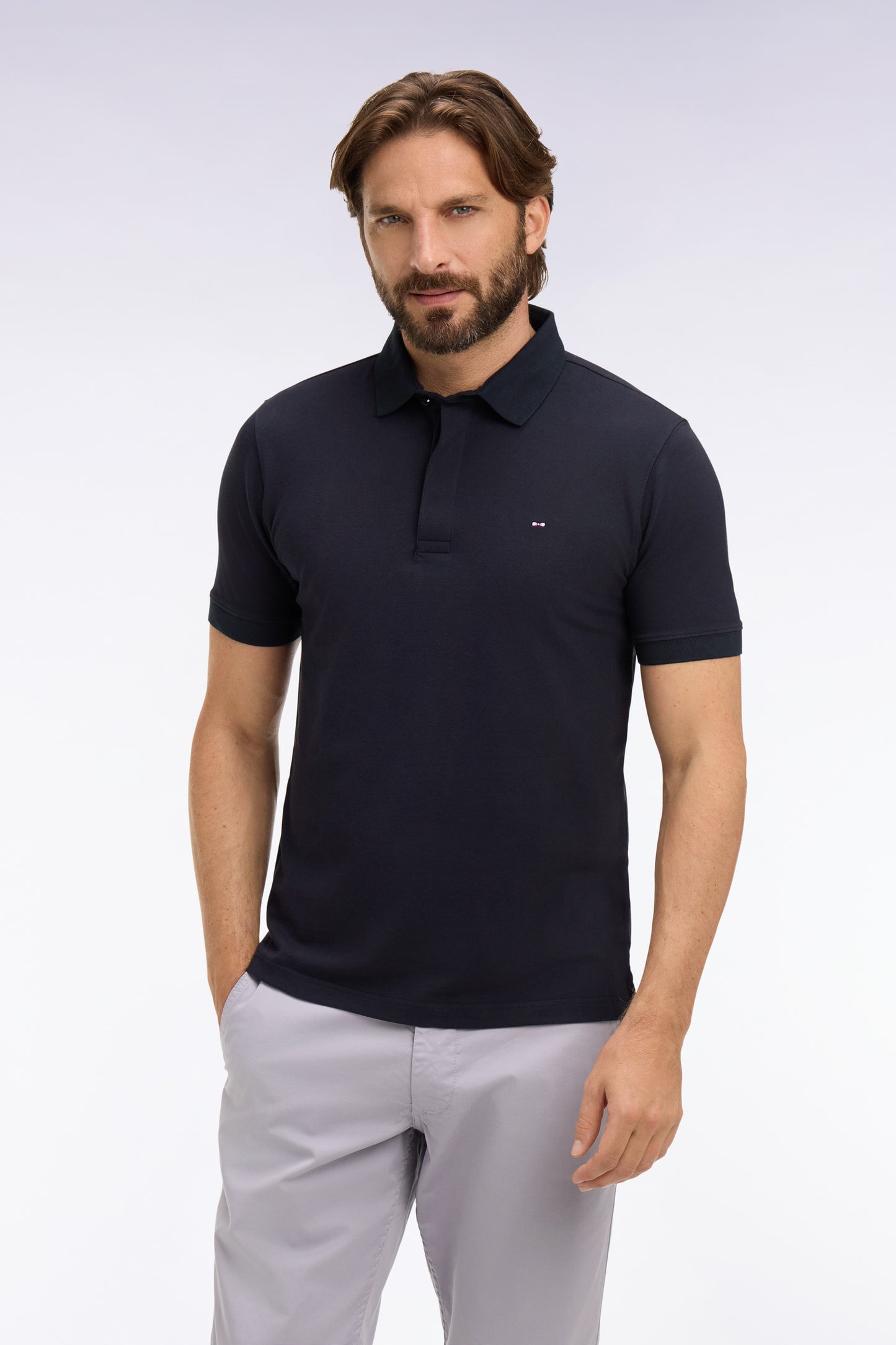 Slim fit navy cotton short sleeve polo shirt